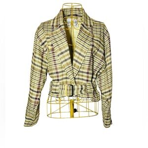 Bill Blass Preppy Linen Plaid Belted Short Blazer Jacket with Pockets & Belt, 4